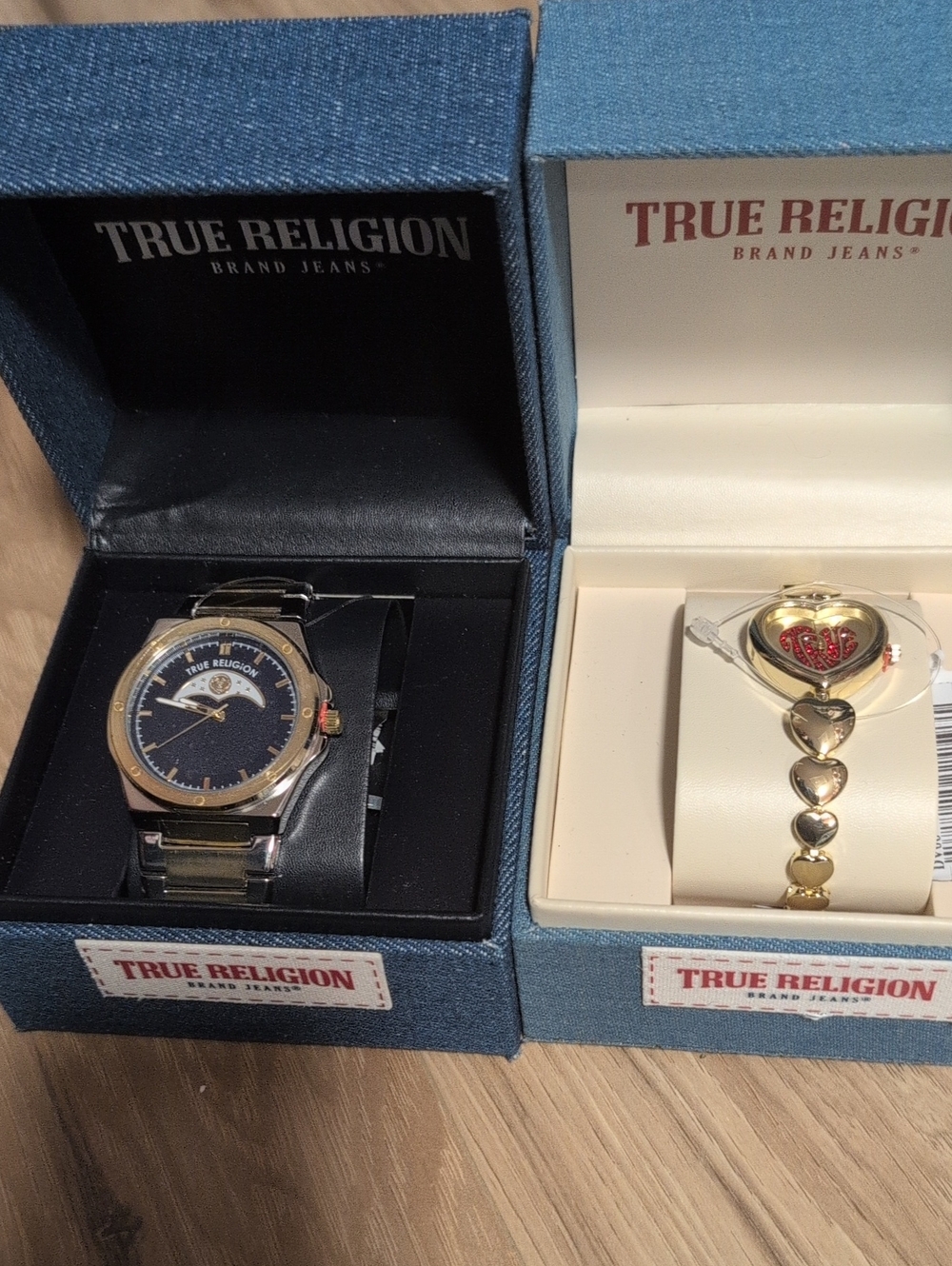 True Religion Gold-Tone Watch and Heart Bracelet Set - Navy Dial with Red Detail